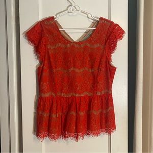 Maeve Red Peplum Lace Top, Fully Lined, Size XL